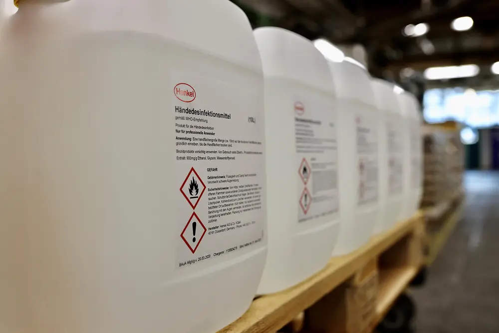 Disinfectants on a pallet at the production site